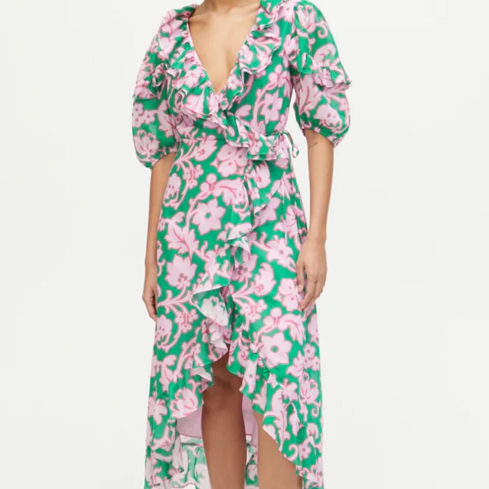 Rhode‎ Womens Lydia Take It Easy Pink Green Floral Print Midi Wrap Dress Size XS